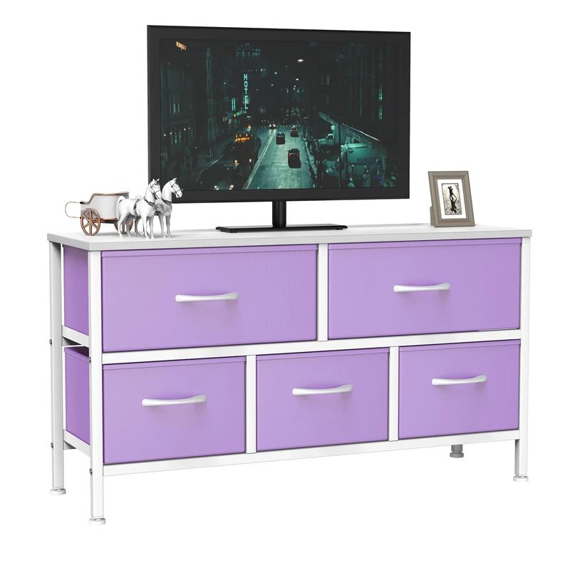 Feonase Bedroom Chest of Drawers, 5 Fabric Drawers Dresser with Metal Frame and MDF Top Board, Modern Storage Unit for Bedroom Living room, Entryway, Closet, Office, Purple-White
