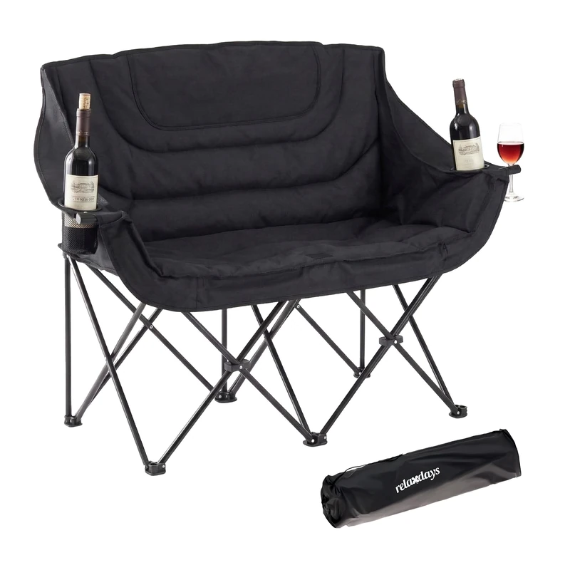 Relaxdays Double Folding Camping Chair, carry bag, drink holder, 272 kg, polyester & steel, black - Image 1