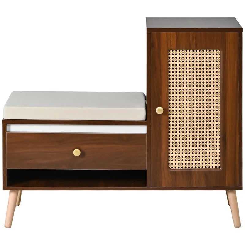 Shoe Cabinet, Rattan Wardrobe Bench with Shoe Cabinet & Seat Padding, Multifunctional Entrance Corner with Drawers & Open Compartments, One Cabinet Door, 95.5 x 35 x 80 cm (Walnut Colour)