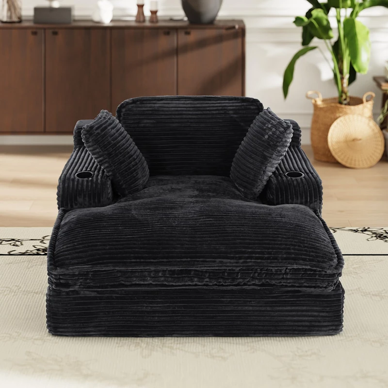 COLAMY Chaise Lounge Chair, Corduroy Single Sofa Bed with Pillow & Cup Holders, Double Layer Cushion Lounger Chair for Living Room, Bedroom or Guest Room, No Assembly Needed, Black
