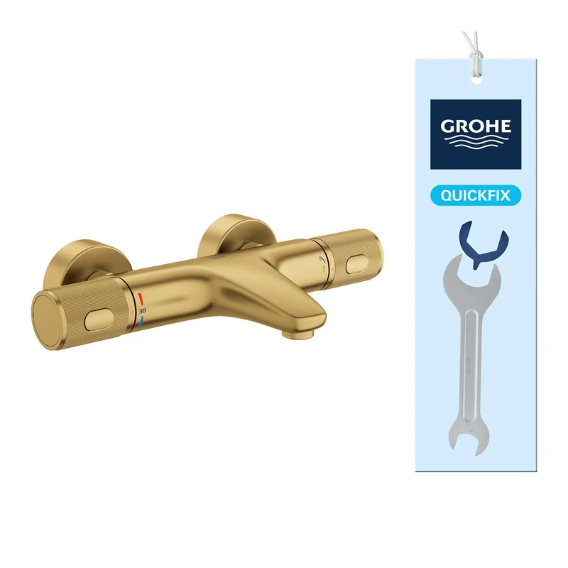 GROHE Precision Feel – Wall Mounted Exposed Thermostatic Cooltouch Bath Mixer (Diverter Bath/Shower, Knurl Grip, Safety Button at 38°C, EcoButton, Metal Escutcheon), Brushed Gold, 34788GN0