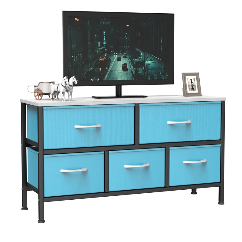 Feonase Bedroom Chest of Drawers, 5 Fabric Drawers Dresser with Metal Frame and MDF Top Board, Modern Storage Unit for Bedroom Living room, Entryway, Closet, Office,Blue-Black