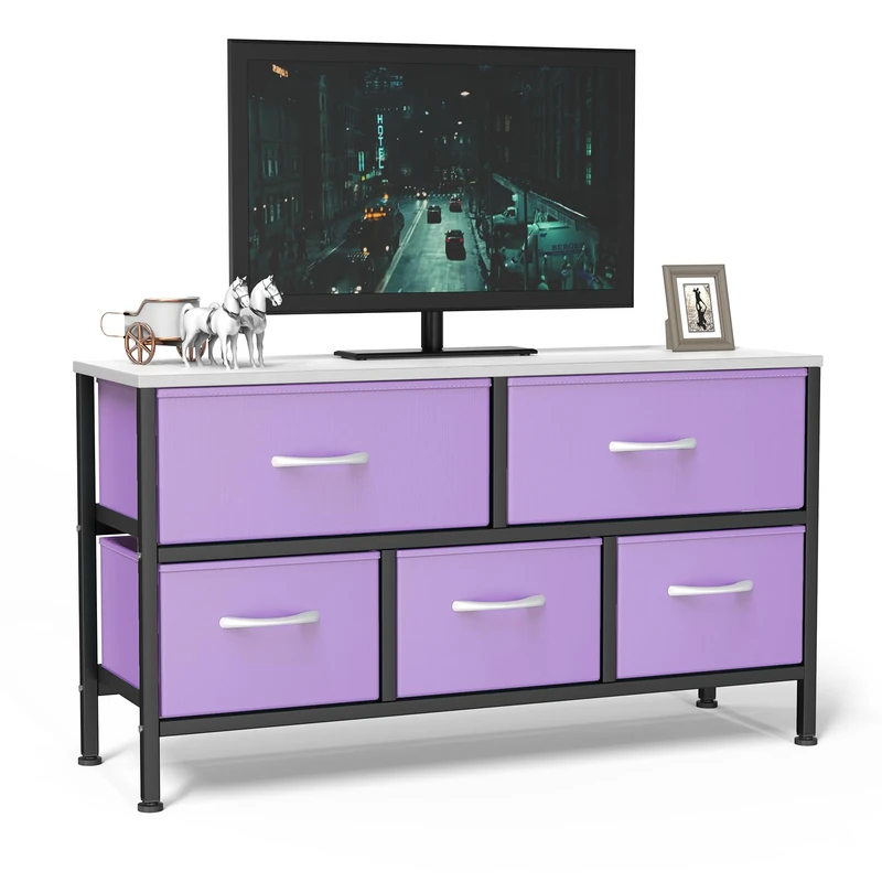 Feonase Bedroom Chest of Drawers, 5 Fabric Drawers Dresser with Metal Frame and MDF Top Board, Modern Storage Unit for Bedroom Living room, Entryway, Closet, Office, Purple-Black