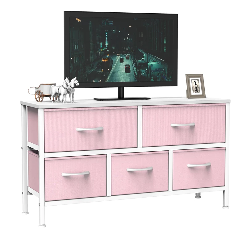 Feonase Bedroom Chest of Drawers, 5 Fabric Drawers Dresser with Metal Frame and MDF Top Board, Modern Storage Unit for Bedroom Living room, Entryway, Closet, Office, Pink-White