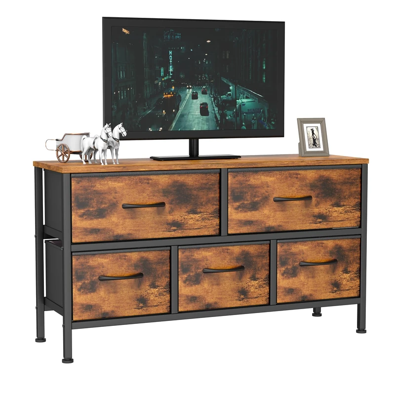 Feonase Bedroom Chest of Drawers, 5 Fabric Drawers Dresser with Metal Frame and MDF Top Board, Modern Storage Unit for Bedroom Living room, Entryway, Closet, Office, Rustic Brown - Image 1