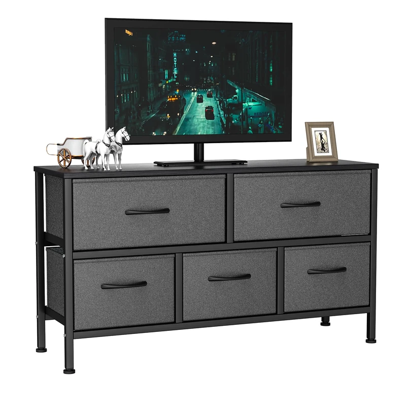 Feonase Bedroom Chest of Drawers, 5 Fabric Drawers Dresser with Metal Frame and MDF Top Board, Modern Storage Unit for Bedroom Living room, Entryway, Closet, Office, Deep Grey
