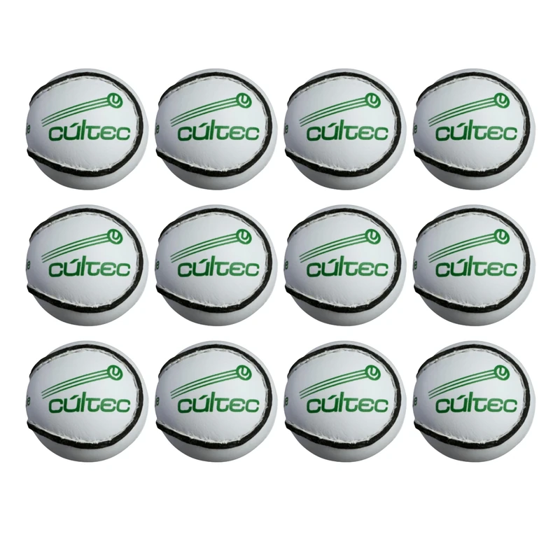 Cúltec Match Sliotar Ball, Pack of 12, Hand Stitched Leather, PU Core, Hurling and Camogie Team Ball for Club Training and Match Play, White, 5