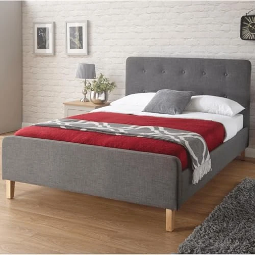 Home Source Modern High Headboard, Buttoned Grey Fabric, Light Oak Effect Legs, King Size 5ft Bed Frame - Image 1