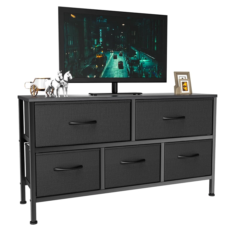 Feonase Bedroom Chest of Drawers, 5 Fabric Drawers Dresser with Metal Frame and MDF Top Board, Modern Storage Unit for Bedroom Living room, Entryway, Closet, Office, Black