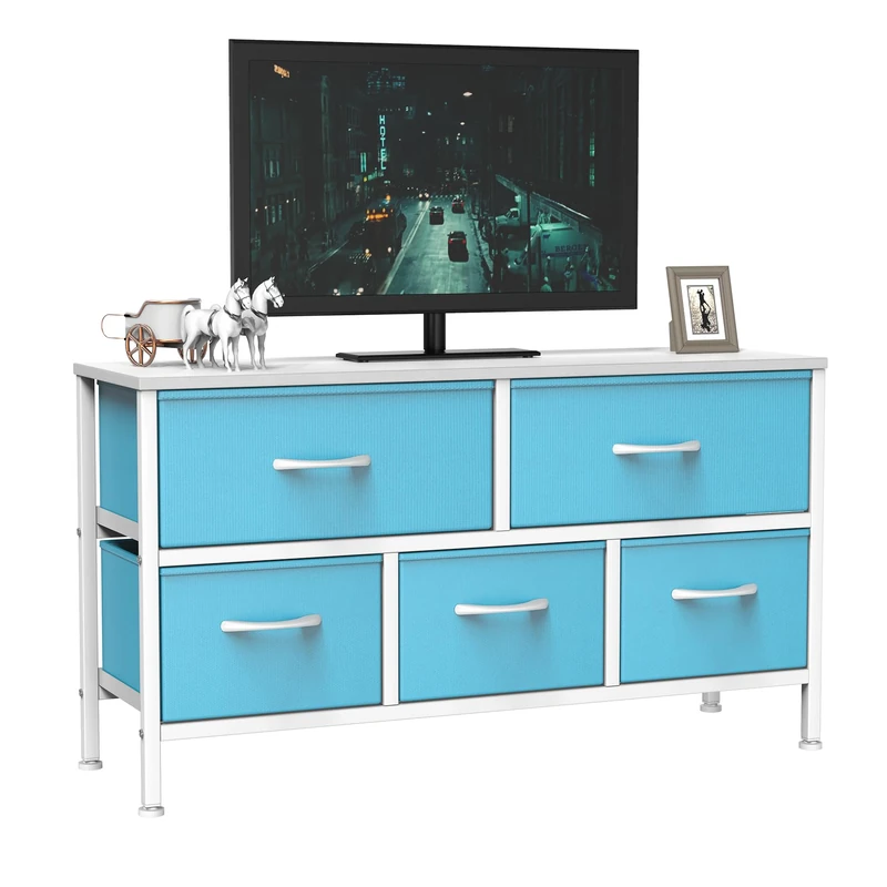 Feonase Bedroom Chest of Drawers, 5 Fabric Drawers Dresser with Metal Frame and MDF Top Board, Modern Storage Unit for Bedroom Living room, Entryway, Closet, Office, Blue-White