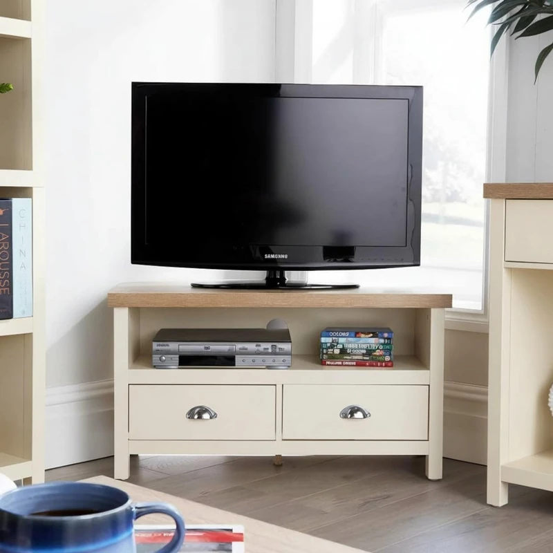 Home Source Avon Corner TV Stand with 2 Drawers – Sonoma Oak Top, Metal Runners - 88W x 44D x 48H cm - Compact TV Unit Fits 32 Inch