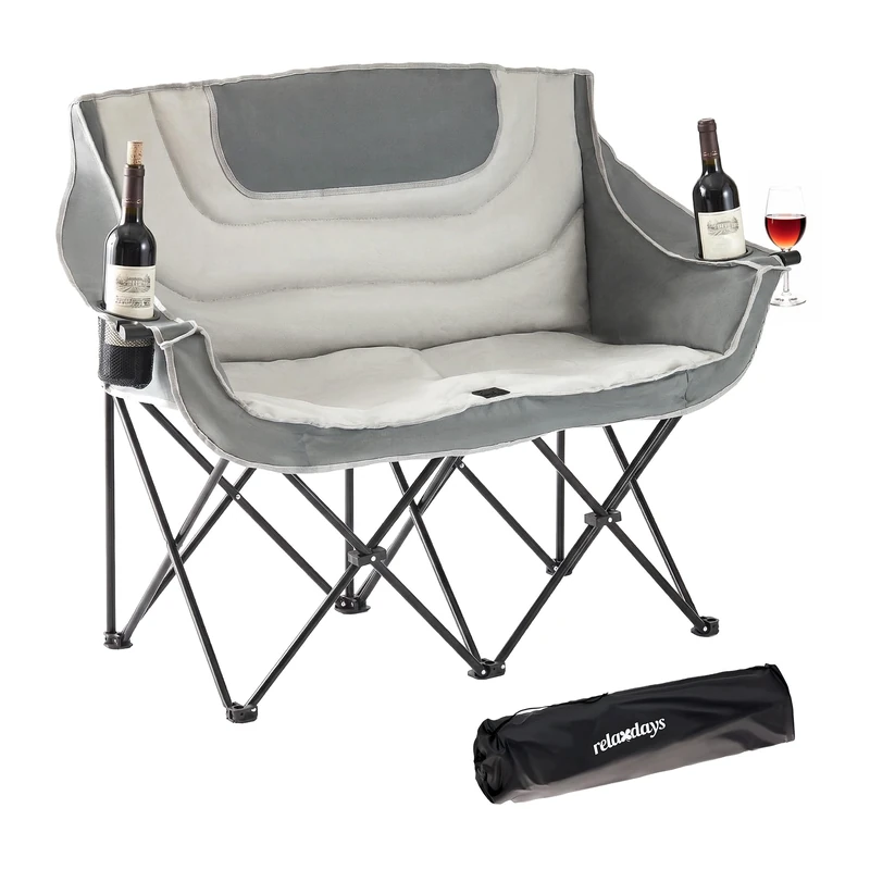 Relaxdays Double Folding Camping Chair, carrying bag, drink holder, 272 kg, polyester & metal, grey - Image 1