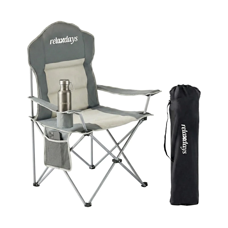 Relaxdays camping chair, folding, carry bag, drink holder, 160 kg, padded seat, polyester, metal, grey