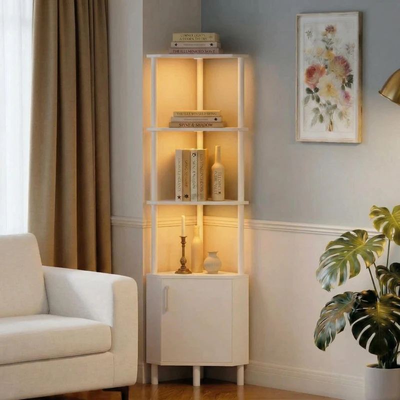 GarveeHome Space Saving Corner Shelf with LED Lighting - 5-Tier Industrial Bookcase with Doors - Sturdy Storage Shelf for Living Room or Kitchen - Versatile - 140cm Tall -