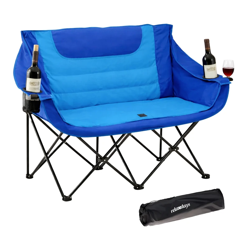 Relaxdays Folding Double Camping Chair, carrying bag, drink & wine holder, 272 kg, polyester & metal, blue