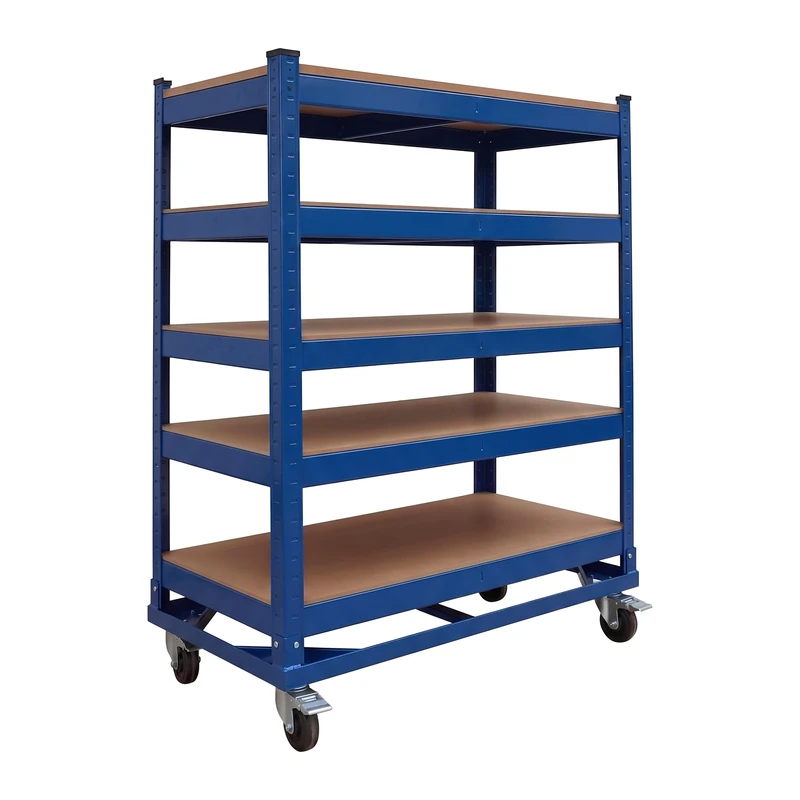 Relaxdays 5-tier trolley, castors & brakes, up to 750 kg, HxWxD 110x90x45 cm, mobile workshop trolley, steel, blue