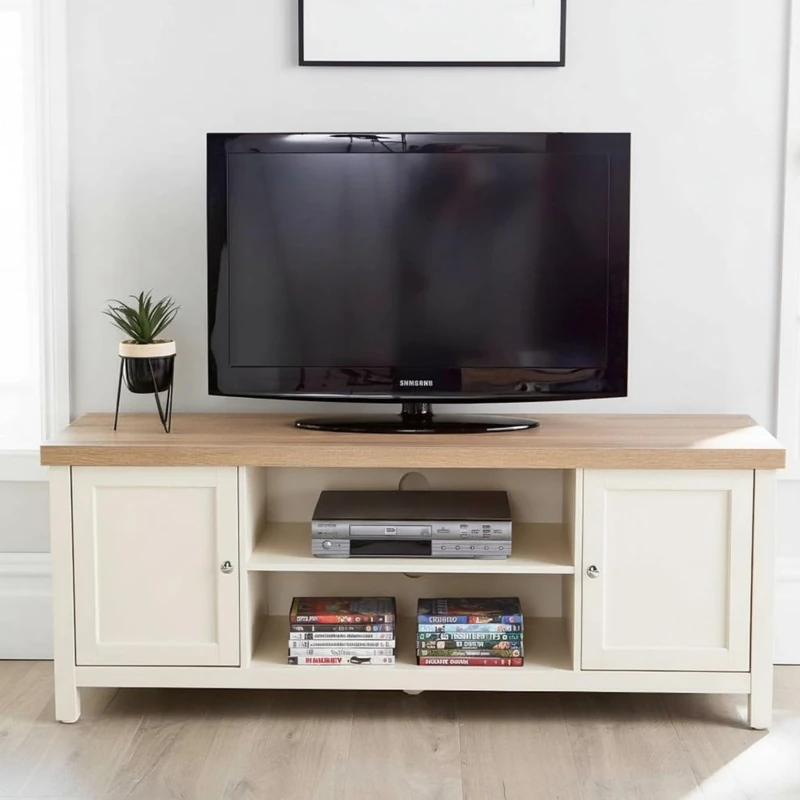 Home Source Avon TV Stand 130cm – Sonoma Oak Top, 2 Cupboards & Open Shelves - 130W x 39D x 50H cm - TV Unit for Living Room Fits 55 Inch