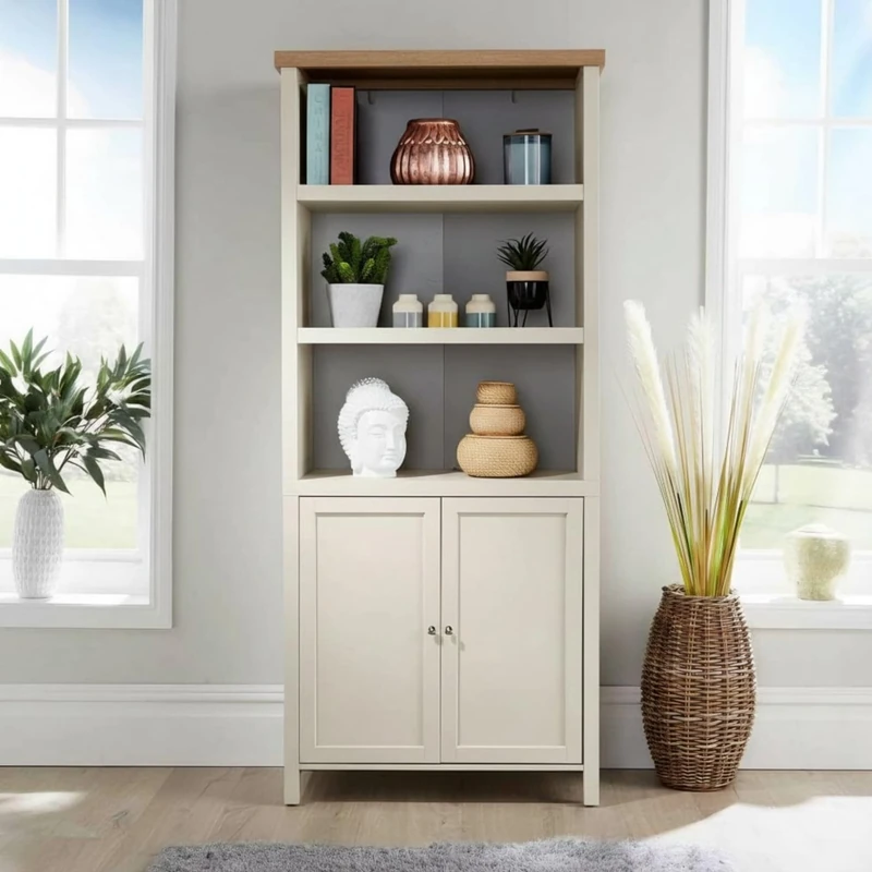 Home Source Avon Tall Bookcase with Cupboard – Sonoma Oak Top, Open Shelves & 2 Door Cabinet - 79W x 39D x 180H cm - Large Display Unit