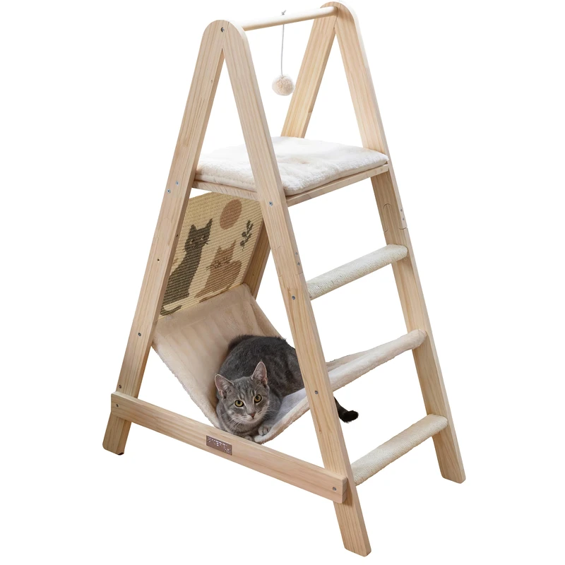 Kerbl Pet Ladder Climbing Tower Cat Scratching Post, Solid Wood, Soft Plush, Beige, Height 104 cm, Two Sleeping Surfaces, with Hammock, Sisal Scratching Surface, Hanging Play Ball, Wall Mount - Image 1
