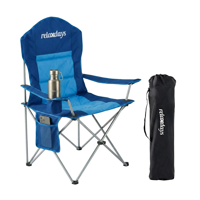 Relaxdays camping chair, foldable with carry bag, drink holder, padded seat, 160 kg, polyester, metal, blue