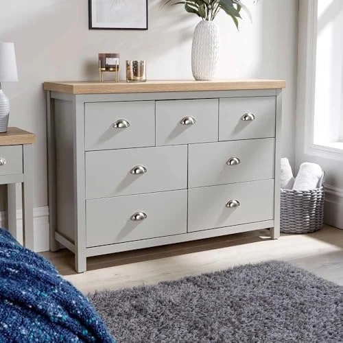 Home Source Wide Chest of Drawers Clothing Storage Unit, 7 Drawers, Grey, Sonoma Oak Effect