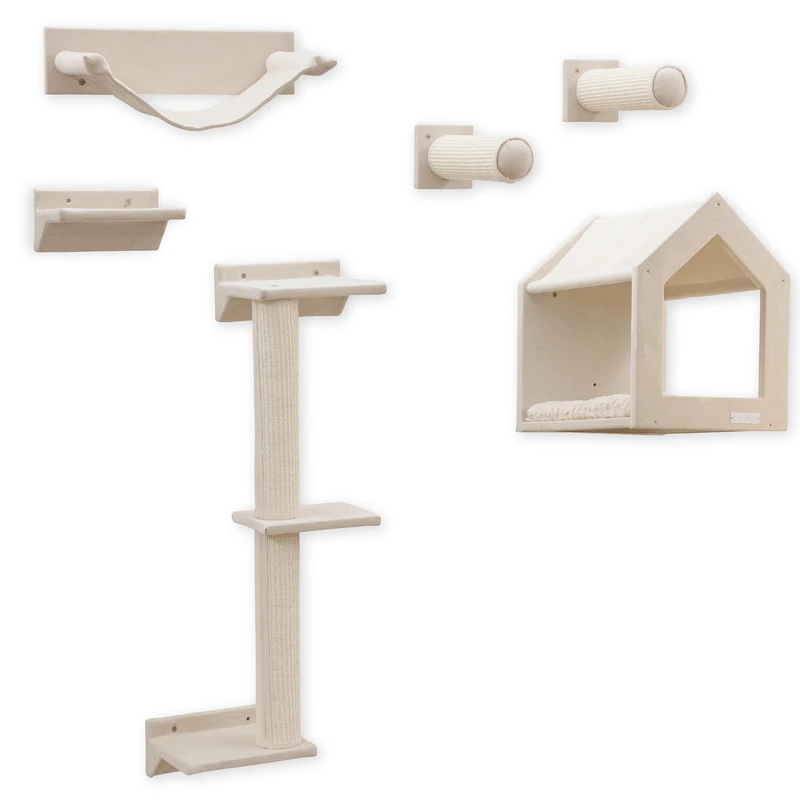 Kerbl Pet Monte Falco Climbing Wall Scratching Post, 6-Piece Climbing Wall Cat Set, Cat Scratching Post Wall Mounting, Cat Cave, Cat Walk, Cuddly Cave, Scratching Furniture, Beige, Space-Saving