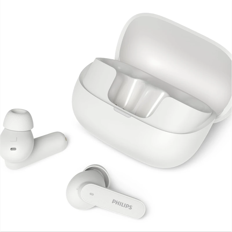 Philips TAT3000WT True Wireless Earbuds with Adaptive Noise Cancelling, 48h Play Time, SecureFit Tips, 6-Mic Clear Calls, Bluetooth 6.0, Auracast, IPX4, Compact Case, White