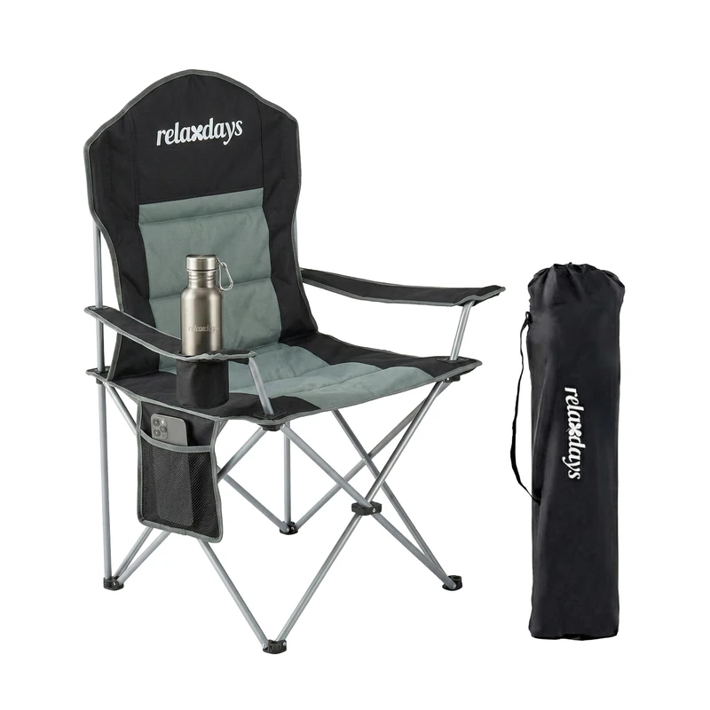 Relaxdays camping chair, foldable, carry bag, drink holder, 160 kg, padded, polyester, steel, black - Image 1
