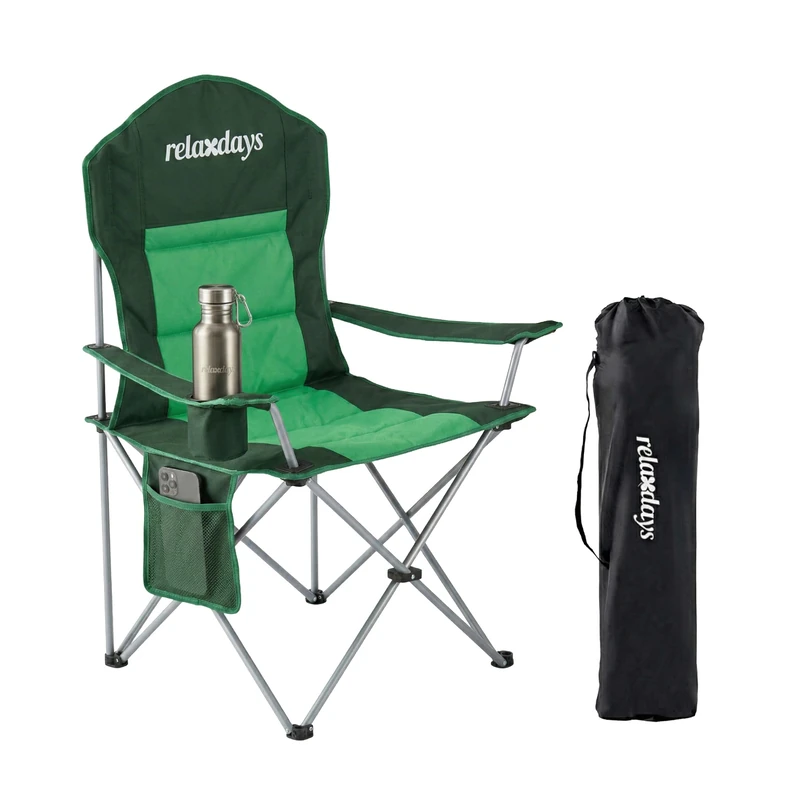 Relaxdays camping chair, foldable, carrying bag, drink holder, side pocket, 160 kg, padded, polyester, metal, green