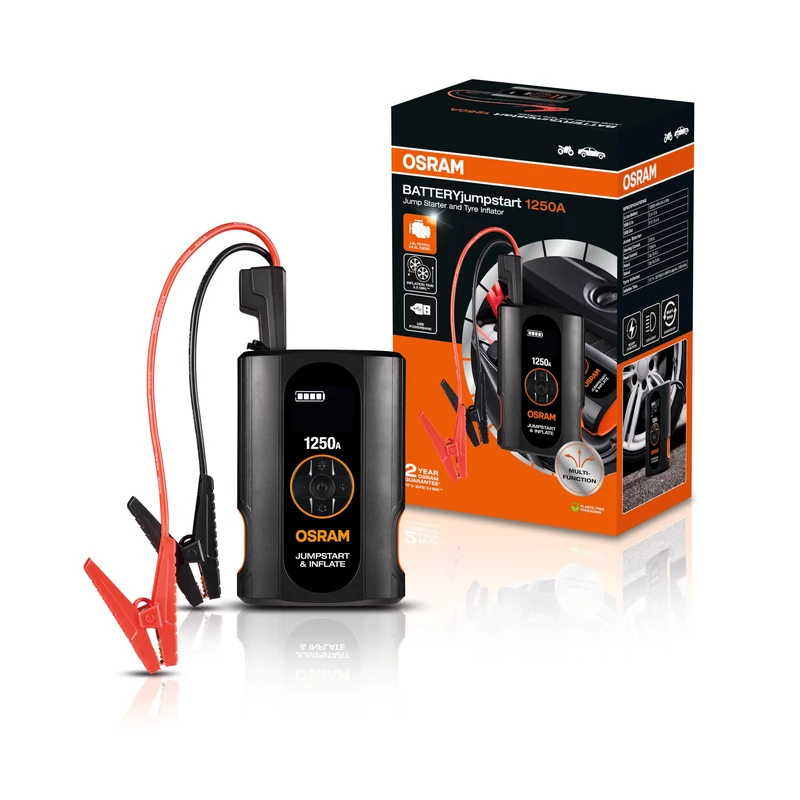 OSRAM BATTERYjumpstart 1250A, 12V 1250A Lithium Battery Starter with External Battery and USB Port, for Petrol Engines up to 6L and Diesel Engines up to 2.8L
