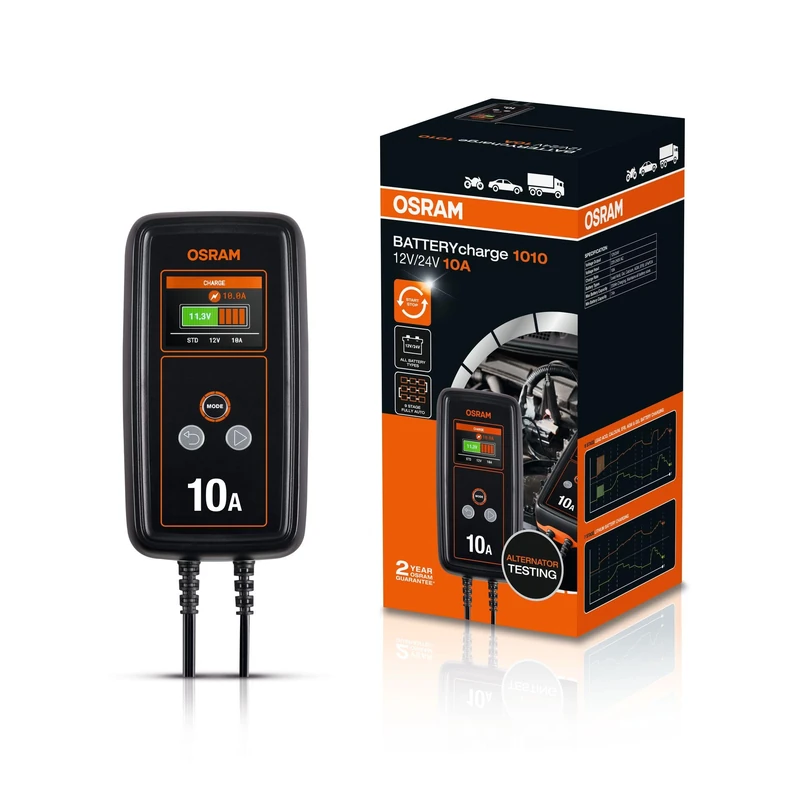OSRAM BATTERYcharge 1010 12 V Smart Car Charger 10 A for Cars and Vans, for AGM, EFB, Maintenance Mode, Compatible with Start/Stop System