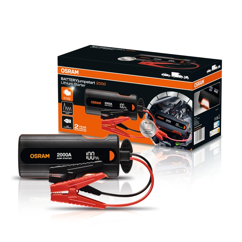 OSRAM BATTERYjumpstart 2000 Lithium Battery, 12 V, 2000 A, USB-C Charger, for Petrol Engines up to 8 Litres and Diesel Engines up to 4 Litres