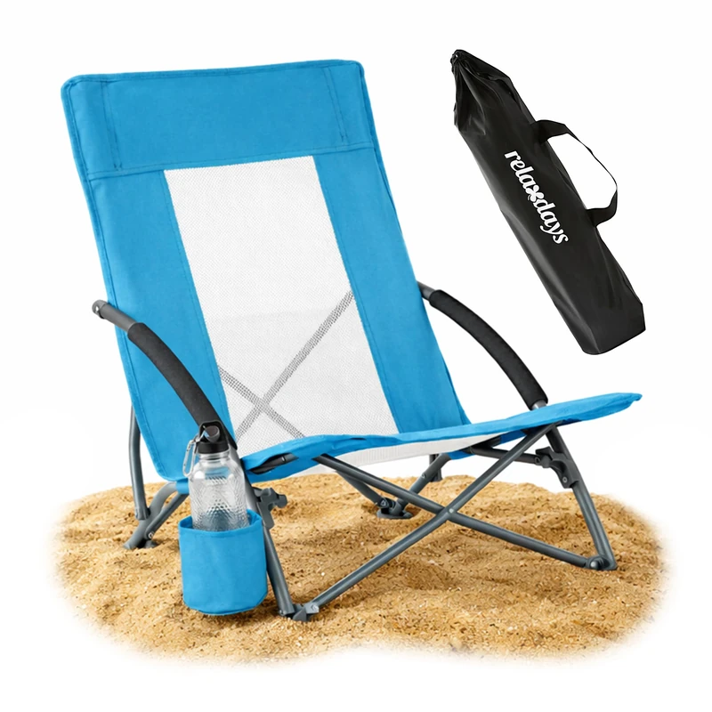 Relaxdays folding beach chair, carry bag, drink holder, 135 kg, mesh, lightweight, polyester, steel, blue - Image 1