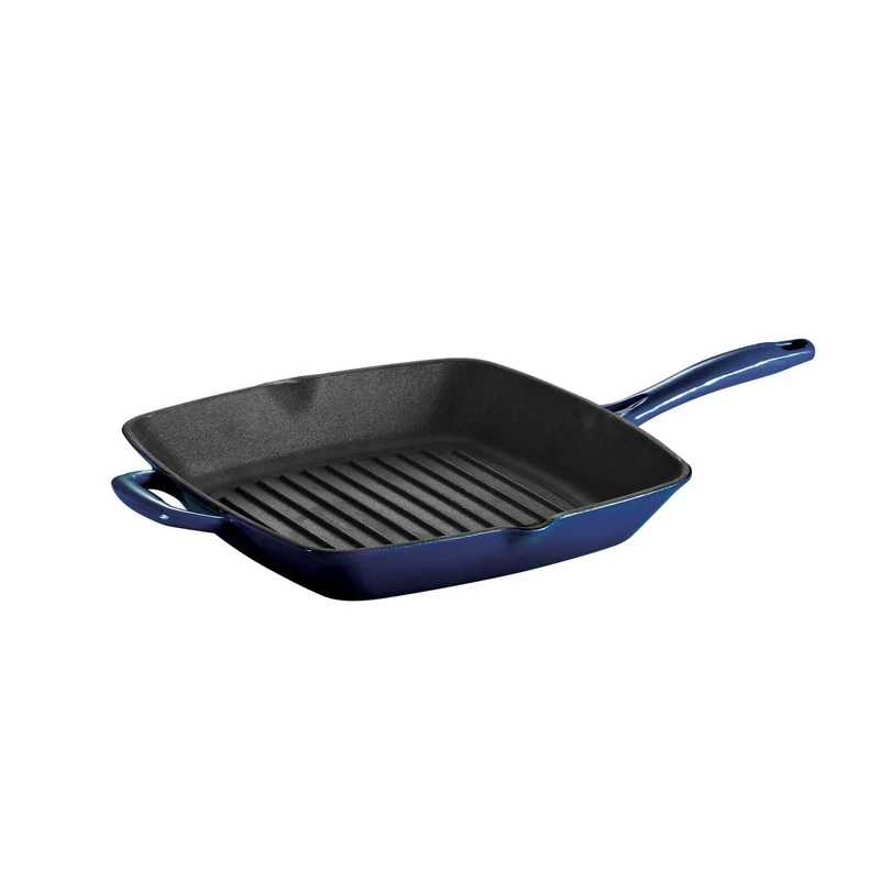 Tramontina Bestow Enamelled Cast Iron Griddle Pan with Helper Handle, 27 cm (2.3l), Blue, for Induction and All Hobs, Oven-Safe to 230°C, 31700210