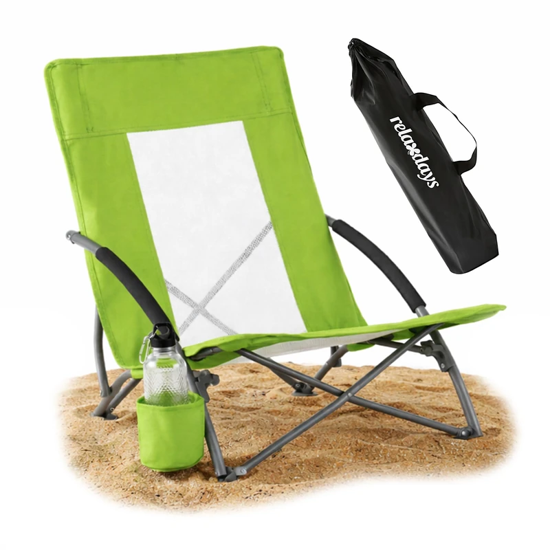 Relaxdays folding beach chair, carry bag, drink holder, 135 kg, mesh, lightweight, polyester, metal, green