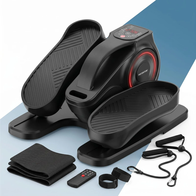 PORTENTUM Mini under desk elliptical with resistance bands – Mat and straps – Pedal exerciser for seniors automatic and manual with 12 speeds – Lightweight trainer with quiet motor - Image 1