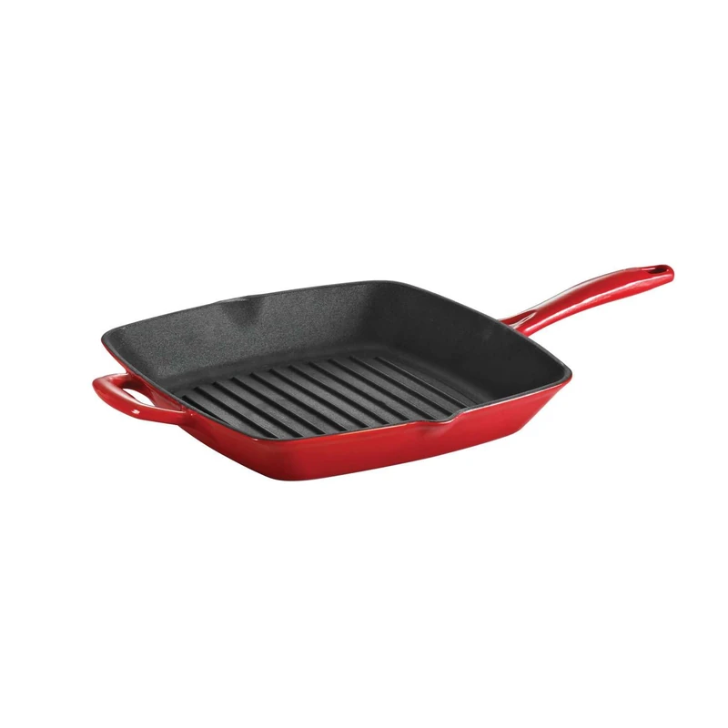 Tramontina Bestow Enamelled Cast Iron Griddle Pan with Helper Handle, 27 cm (2.3l), Red, for Induction and All Hobs, Oven-Safe to 230°C, 31700211