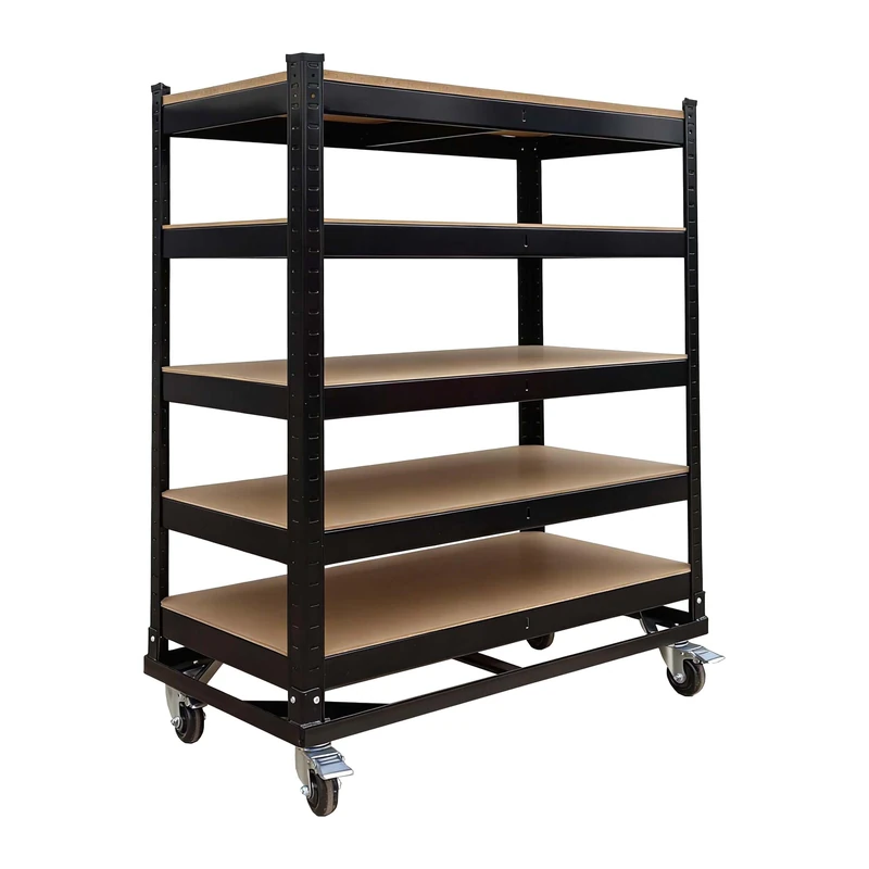 Relaxdays 5-shelf trolley, castors & brakes, up to 750 kg, H x W x D: 110x90x45 cm mobile workshop trolley, steel, black