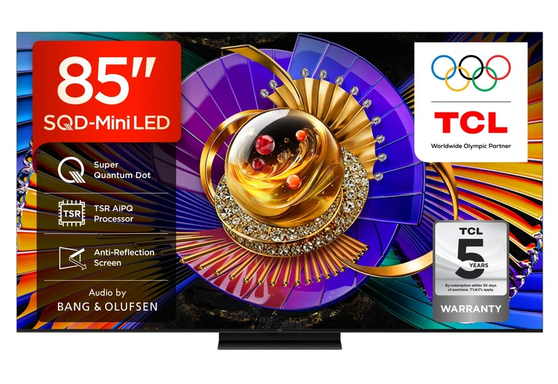 TCL 85C7L-UK 85 Inch SQD-Mini LED TV, 4K HDR 3000 nits and 1,624 dimming zones, Google TV, Dolby Vision & Atmos, Audio by Bang & Olufsen, 144Hz, Apple AirPlay 2 & Alexa (2026 New Model)