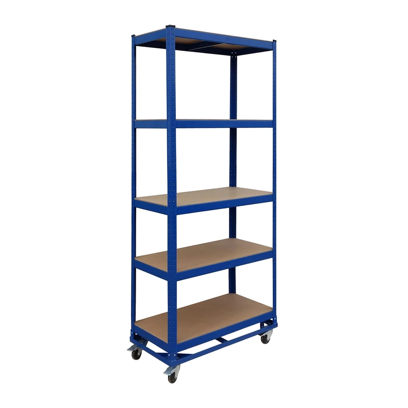 Relaxdays Heavy-duty shelving on castors, HxWxD: 191 x 90 x 45 cm, 750 kg, 5 shelves, steel, plug-in system, blue