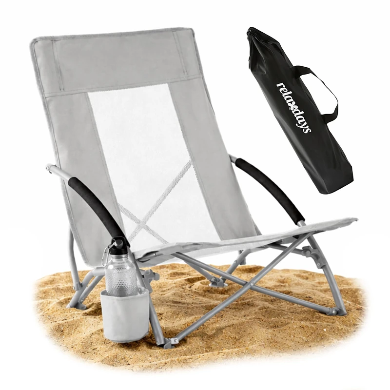 Relaxdays folding beach chair, carry bag, drink holder, 135 kg, mesh design, lightweight, polyester, metal, grey