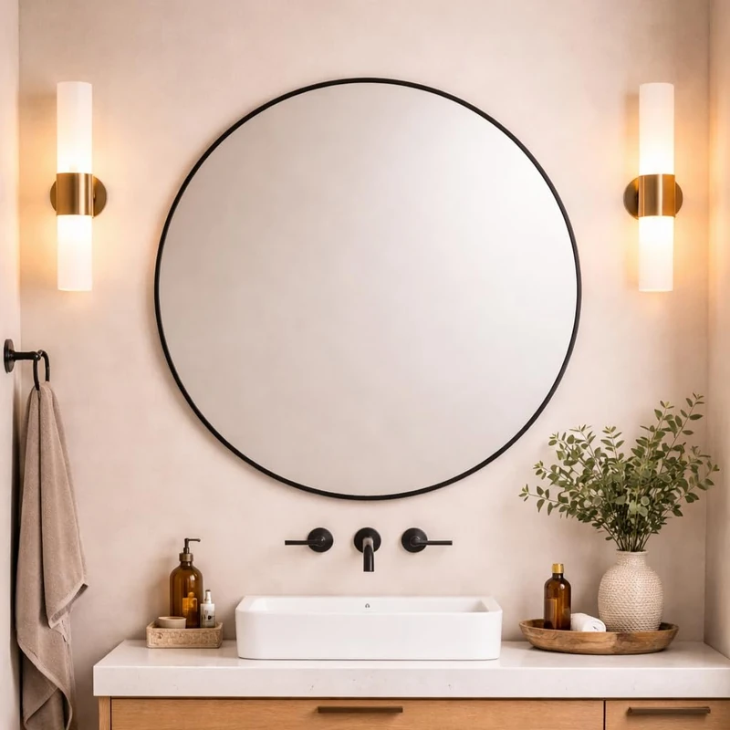 Round Metal Bathroom Mirror 100cm – Large Circular Wall Mounted Mirror – Modern Black Frame Vanity Mirror – Contemporary Bathroom, Toilet, Ensuite - Image 1