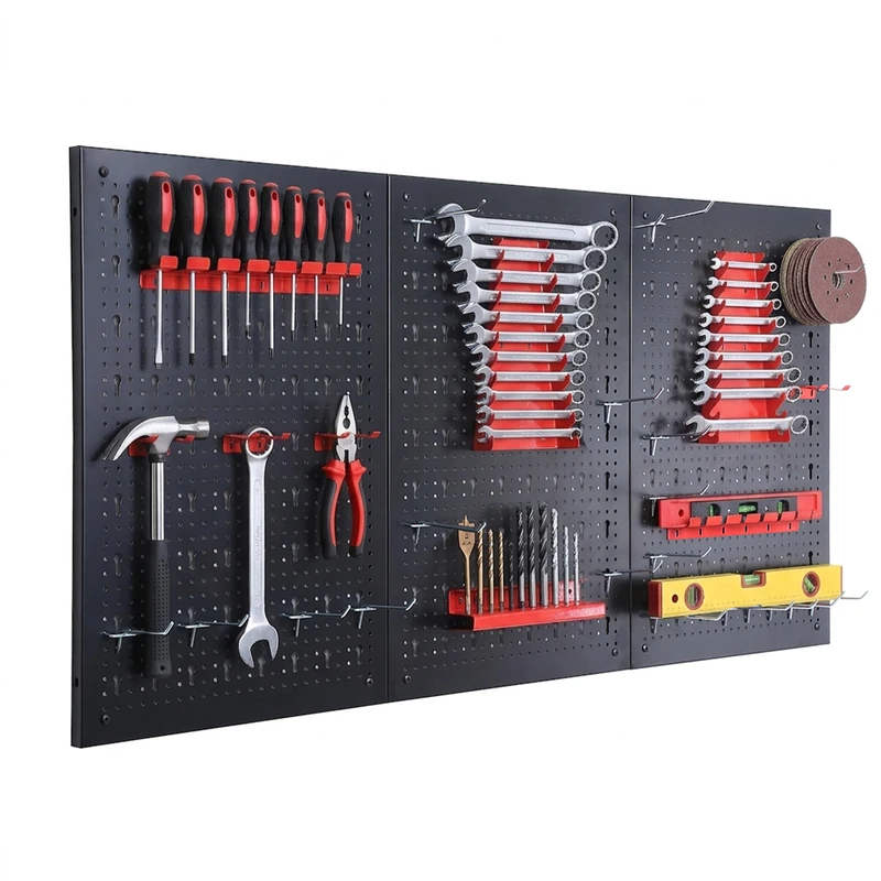 Relaxdays tool pegboard, 3 panels, 30-piece set, HxW: 60 x 40 cm, metal, workshop, black/red