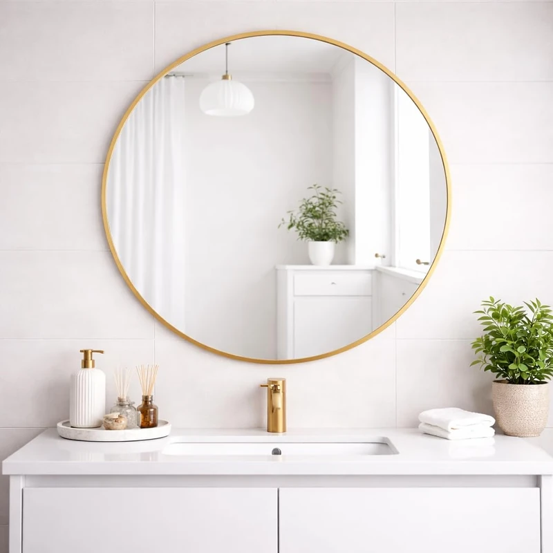 MirrorOutlet The Fenestra - Gold edged Modern Round Circular Wall Mirror 35" X 35" (90CM X 90CM) Silver Mirror Glass with Black Metal Frame