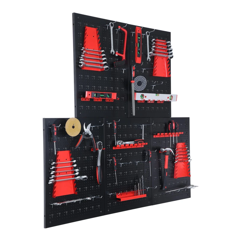 Relaxdays tool rack, 5 pegboard panels, 48-piece accessory set, HxW: 60 x 40 cm, metal, workshop, black/red
