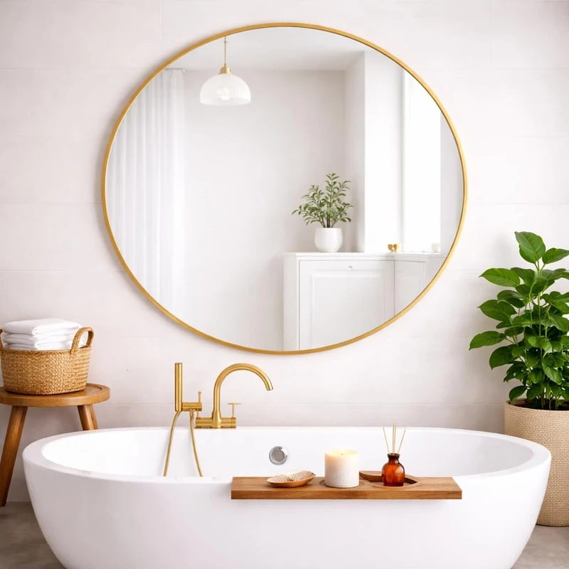 Round Metal Bathroom Mirror 120cm – Large Circular Wall Mounted Mirror – Modern Gold Frame Vanity Mirror – Contemporary Bathroom, Toilet, Ensuite