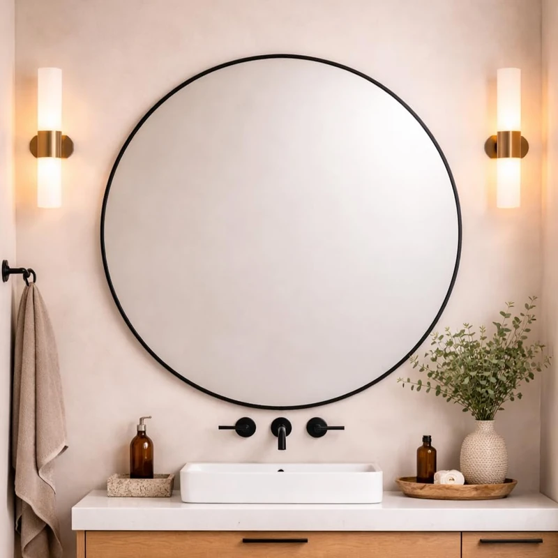 Round Metal Bathroom Mirror 110cm – Large Circular Wall Mounted Mirror – Modern Black Frame Vanity Mirror – Contemporary Bathroom, Toilet, Ensuite
