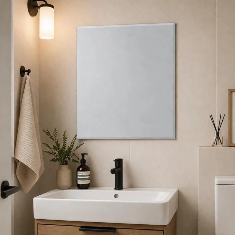 Bathroom Rectangular Frameless Wall Mirror 68 x 58cm – Large Wall Mounted Vanity Mirror – Modern Polished Edge Glass – Portrait or Landscape Hanging