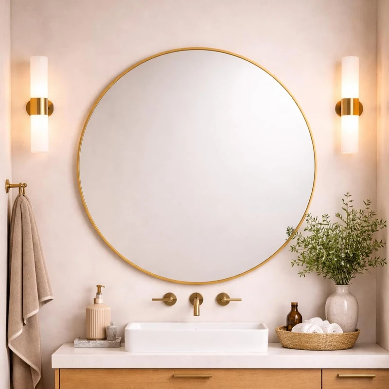 Round Metal Bathroom Mirror 100cm – Large Circular Wall Mounted Mirror – Modern Gold Frame Vanity Mirror – Contemporary Bathroom, Toilet, Ensuite