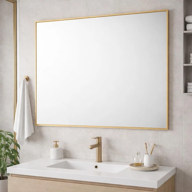Bathroom Aluminium Metal Modern Gold Mirror 90 x 60cm – Wall Mounted Rectangular Mirror – Portrait or Landscape Hanging – Sleek Contemporary Frame